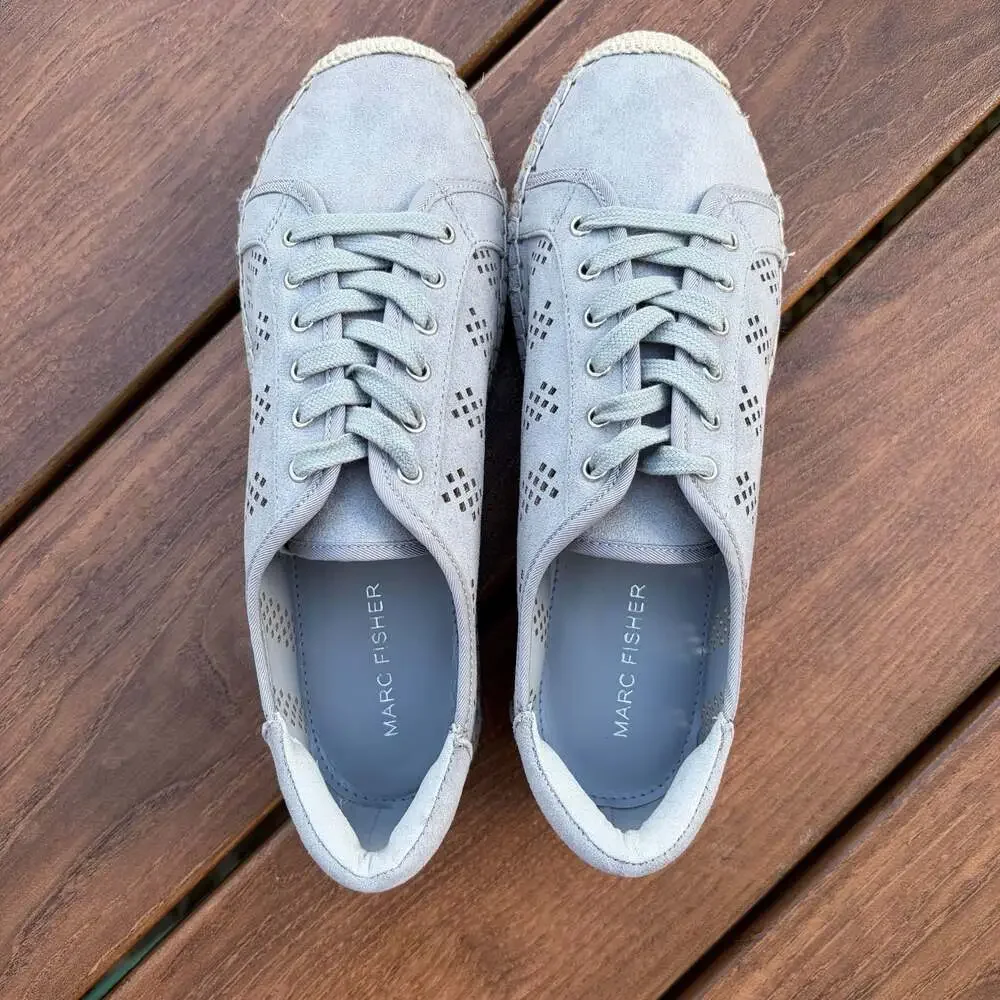 New Marc Fisher Baila Perforated Lace-Up Espadrille Sneakers Grey Size 8